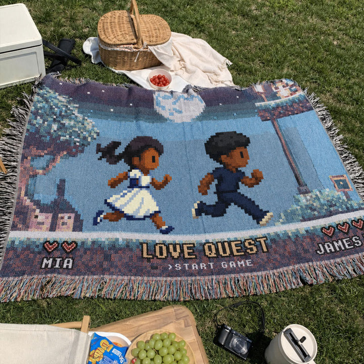 Personalized Retro 8-Bit Gaming Couple Adventure Woven Blanket – Custom Gamer Love Story Throw Blanket with Names
