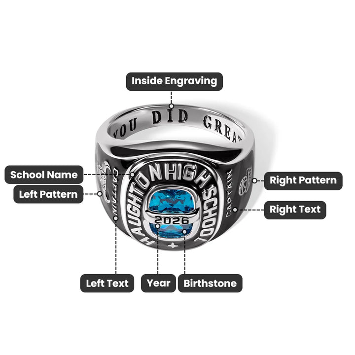 Your Grad Story, Stuck in Stone - Custom Birthstone Class Ring Engraved School Name - Gift for High School/University Graduates