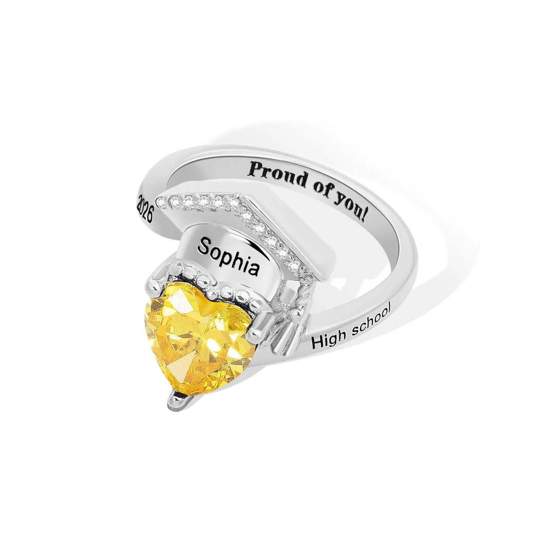 Personalized Zircon Grad Cap Heart Birthstone Ring