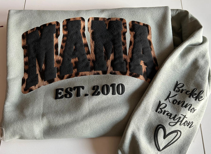 Mama Leopard Puff Print Personalized Sweatshirt or Hoodie with Kids Name Sleeve Gift Sweatshirt New Mom Sweatshirts gift