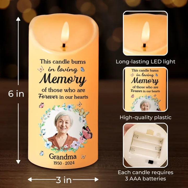 Custom photo this candle burns in loving memory - Memorial Personalized Custom LED Candle - Sympathy Gift for Family