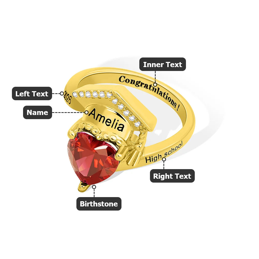 Personalized Zircon Grad Cap Heart Birthstone Ring