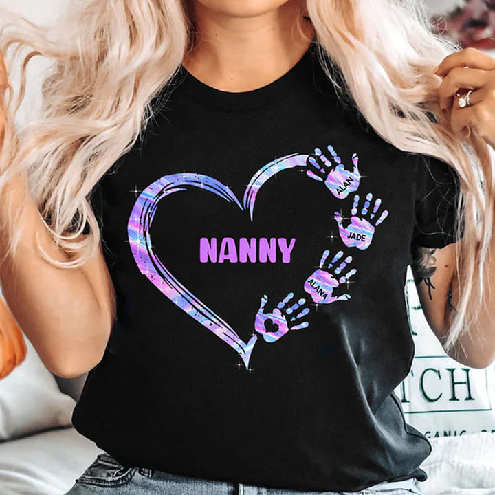Personalized Colorful Heart Hand Print 100% Cotton T-Shirt Hoodie with Title and Kid Names