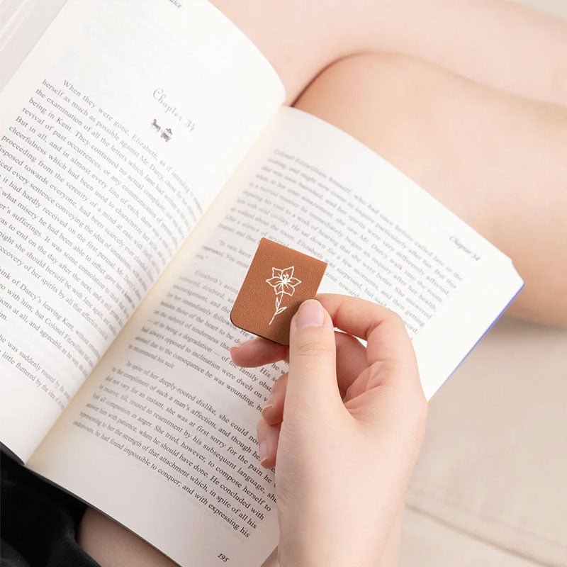Custom Personalized Magnetic Leather Bookmark - With Name and Birthday Flowers