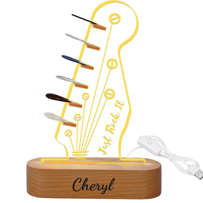 Personalized 3D Night Light Wooden Guitar Pick Holder
