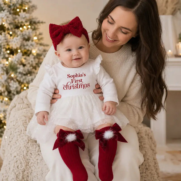 Personalized Baby Girl’s First Christmas Dress – Custom Name Tulle Bodysuit