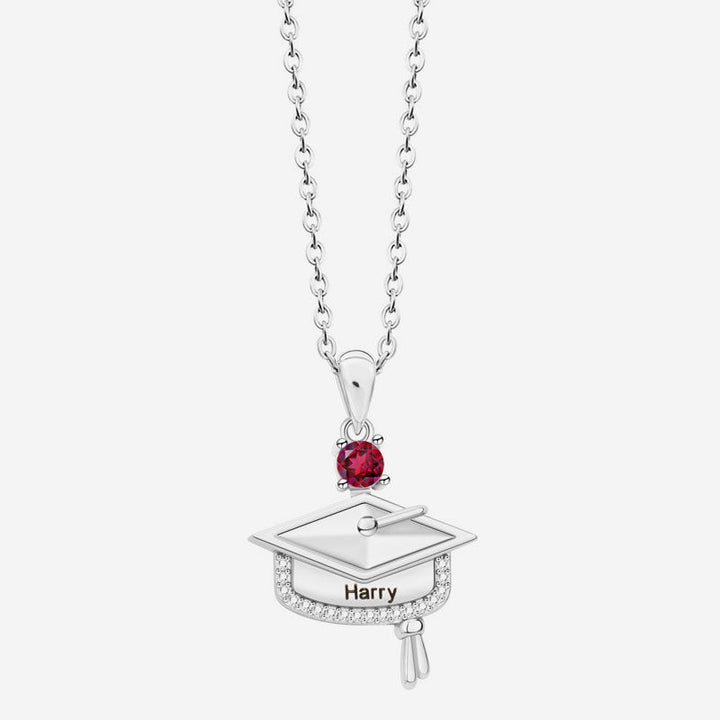 Personalized Graduation Cap Birthstone Necklace with Engraved Name and Year