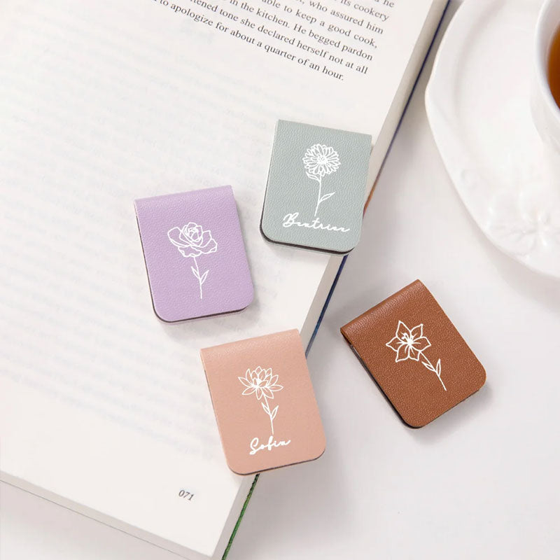 Custom Personalized Magnetic Leather Bookmark - With Name and Birthday Flowers