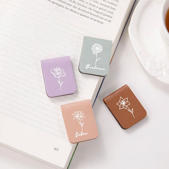 Custom Personalized Magnetic Leather Bookmark - With Name and Birthday Flowers