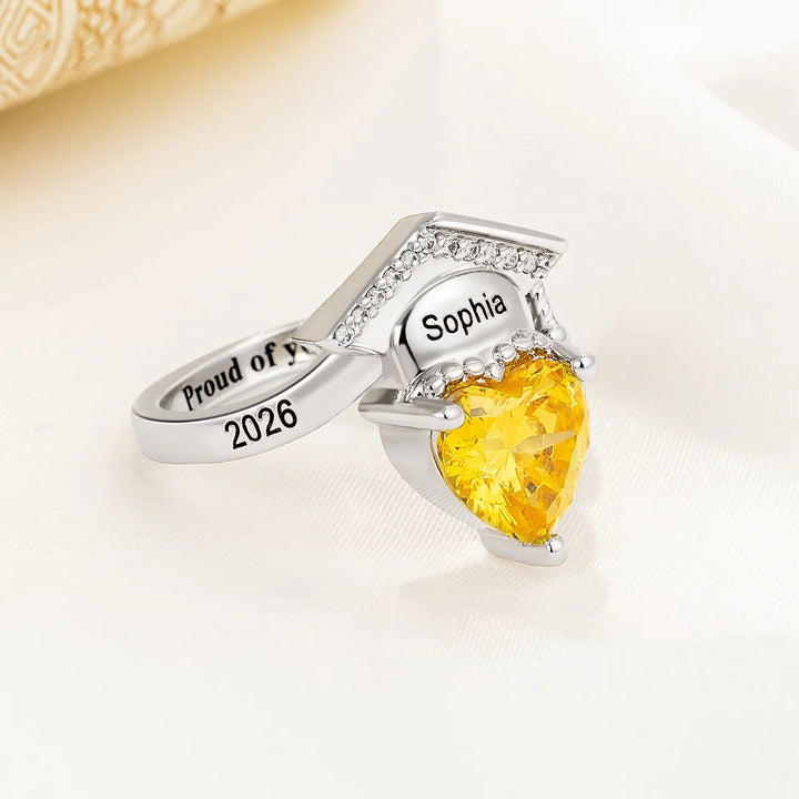 Personalized Zircon Grad Cap Heart Birthstone Ring