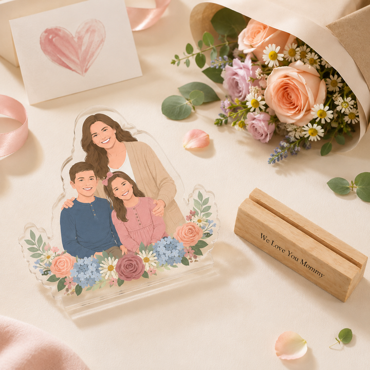 Personalized Acrylic Cartoon Portrait Stand with Wooden Base