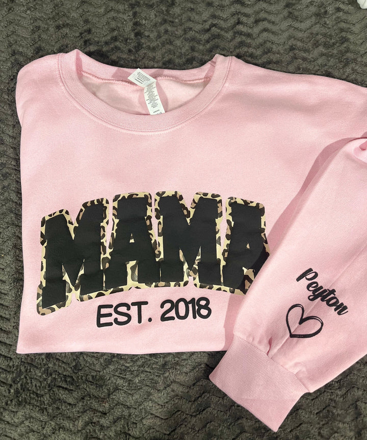 Mama Leopard Puff Print Personalized Sweatshirt or Hoodie with Kids Name Sleeve Gift Sweatshirt New Mom Sweatshirts gift