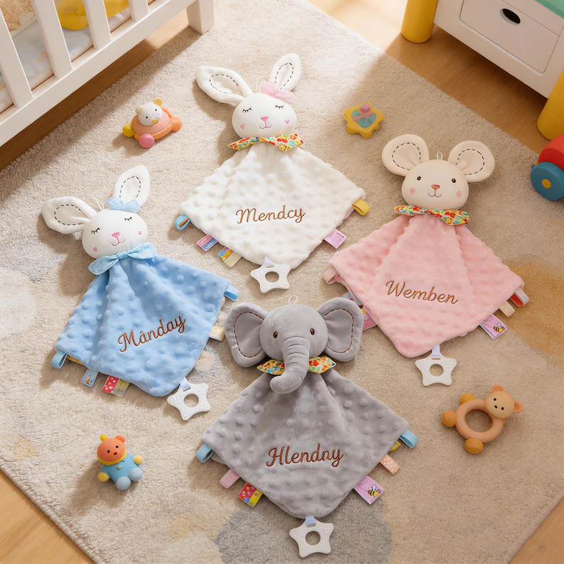 Personalized Baby Lovey Blanket,Custom Embroidered Name, Minky Dot Sensory Security Blanket