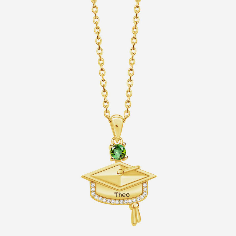 Personalized Graduation Cap Birthstone Necklace with Engraved Name and Year