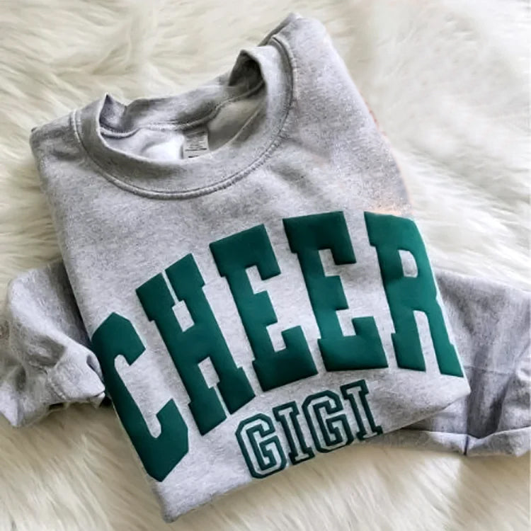 Personalized 3d Puff Print Cheer Mom Sweatshirt With Kids Name On Sleeve