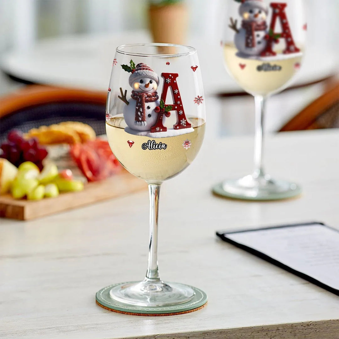 Engraved Snowman Christmas Wine Glass with Name