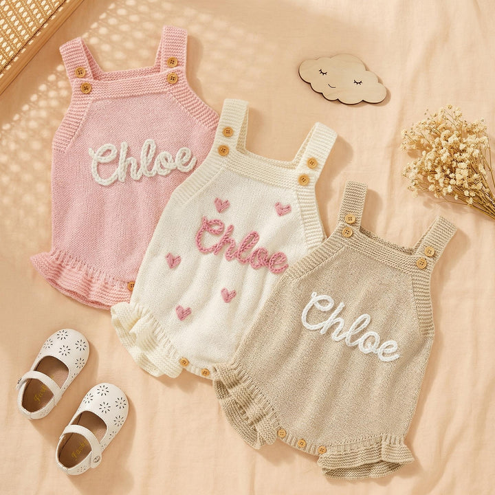 Personalized Hand-Embroidered Knit Baby Romper – Custom Name Baby Girl Outfit