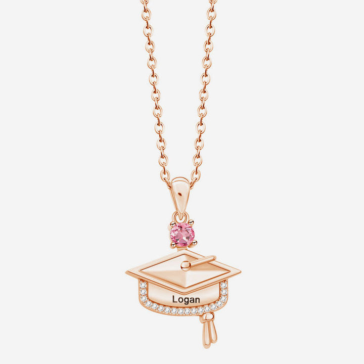 Personalized Graduation Cap Birthstone Necklace with Engraved Name and Year