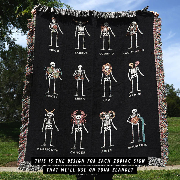 Personalized Gothic Skeleton Couple Woven Blanket – Custom Zodiac & Names Blanket