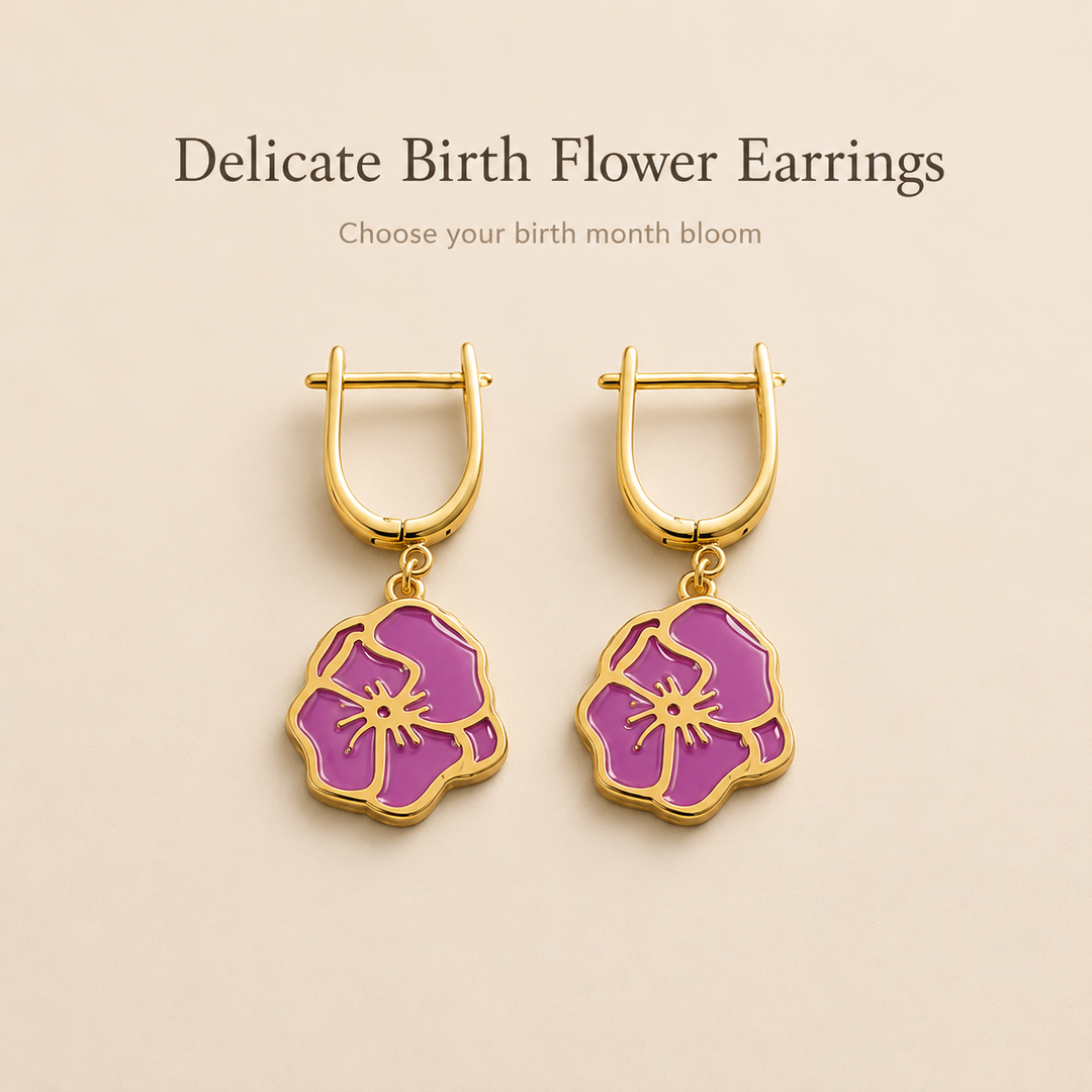 Personalized Birth Flower Dangle Earrings - Custom Birth Month Flower