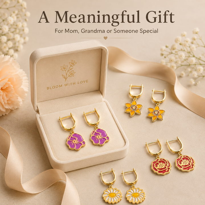 Personalized Birth Flower Dangle Earrings - Custom Birth Month Flower