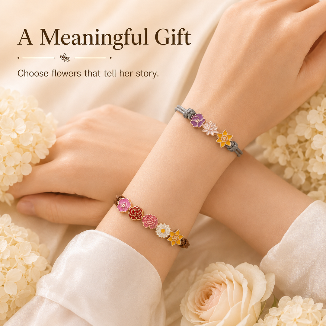 Personalized Birth Flower Bracelet for Mom – Custom Family Flower Bracelet with 1–8 Flowers