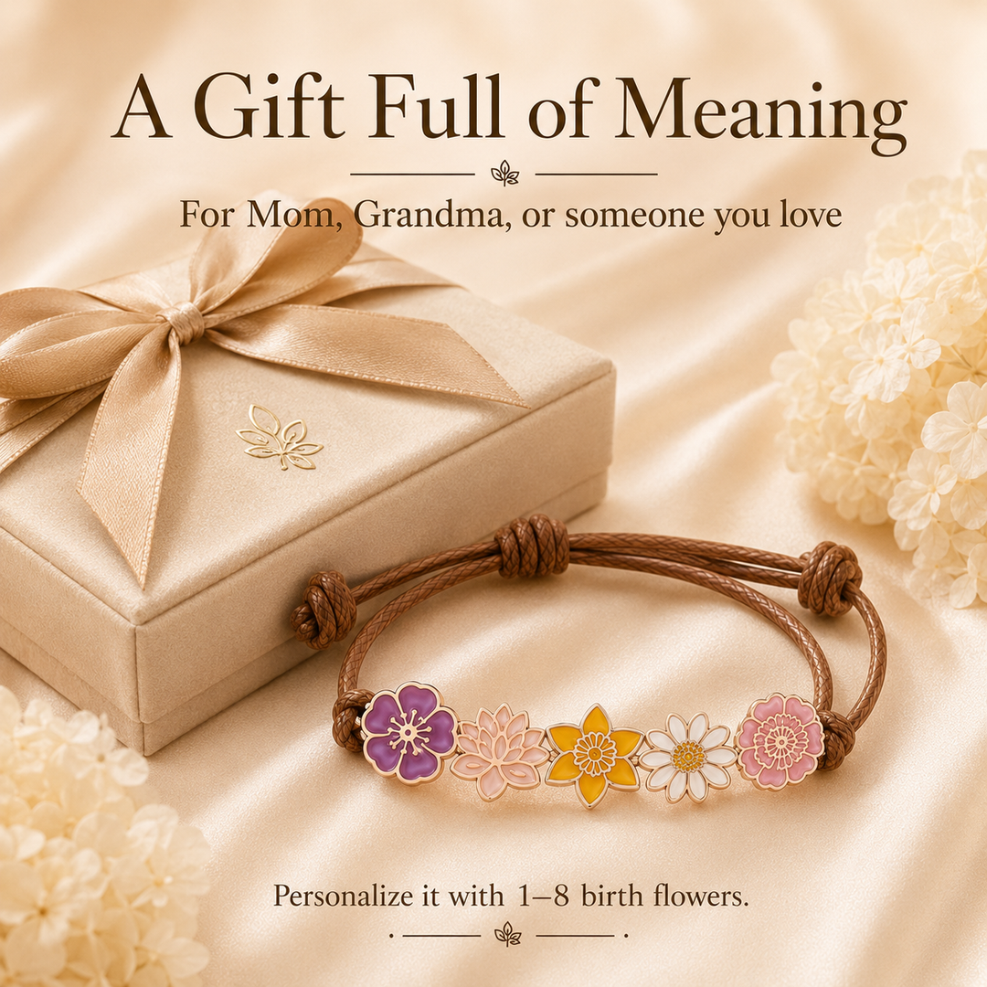 Personalized Birth Flower Bracelet for Mom – Custom Family Flower Bracelet with 1–8 Flowers