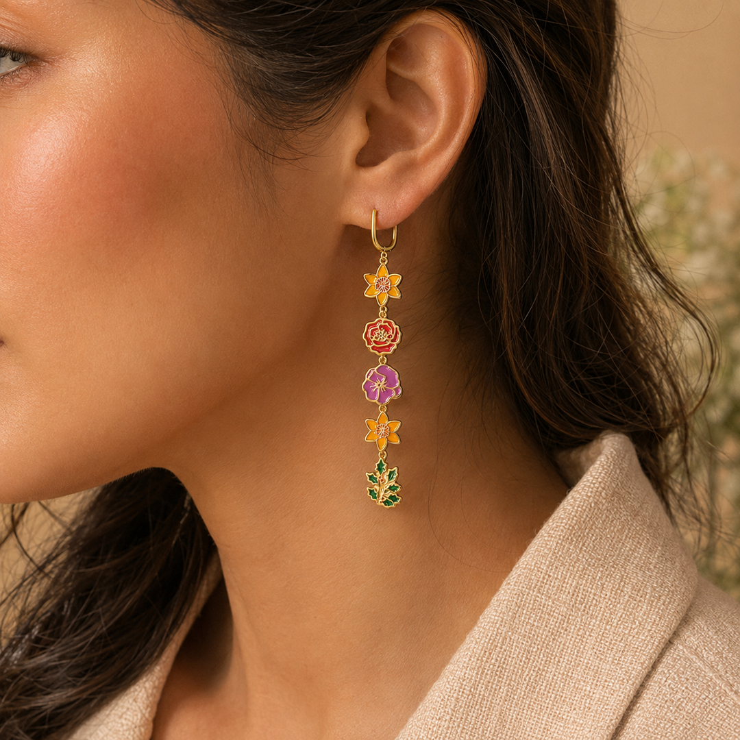 Personalized Birth Flower Dangle Earrings, Custom 1–5 Birth Month Flower Earrings, Meaningful Birthday Gift for Mom Grandma