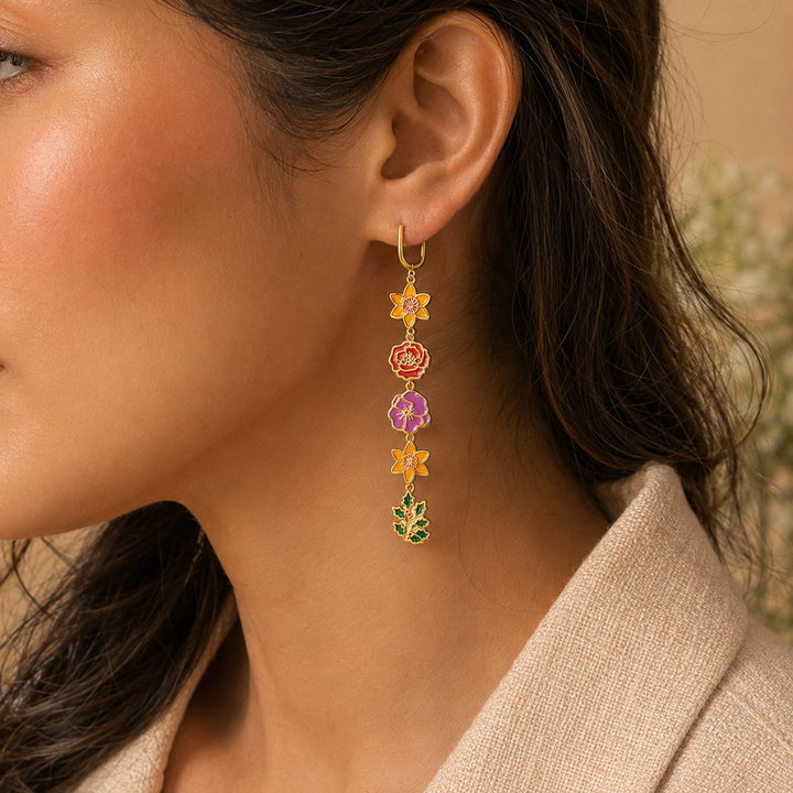 Personalized Birth Flower Dangle Earrings, Custom 1–5 Birth Month Flower Earrings, Meaningful Birthday Gift for Mom Grandma