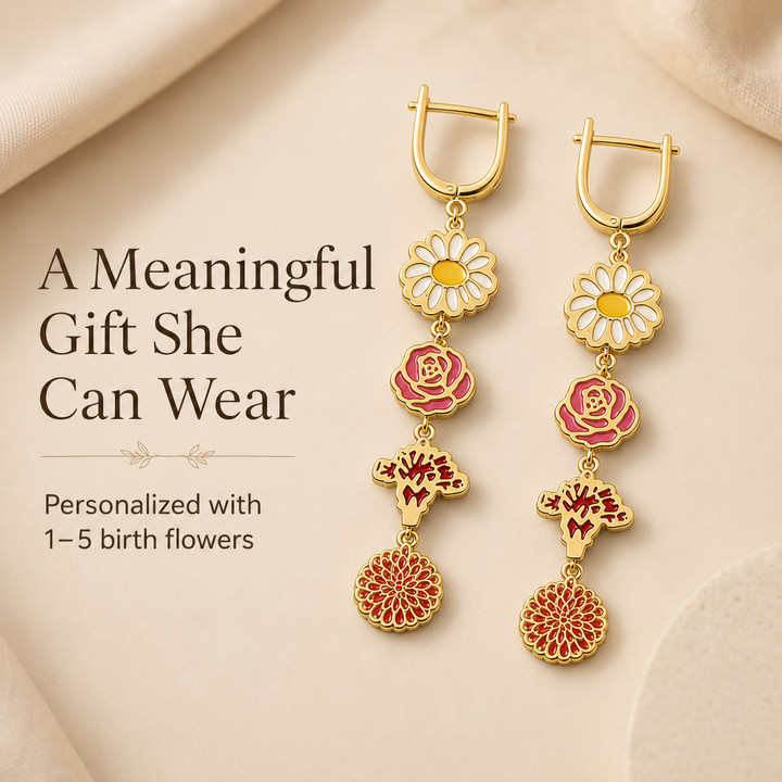 Personalized Birth Flower Dangle Earrings, Custom 1–5 Birth Month Flower Earrings, Meaningful Birthday Gift for Mom Grandma