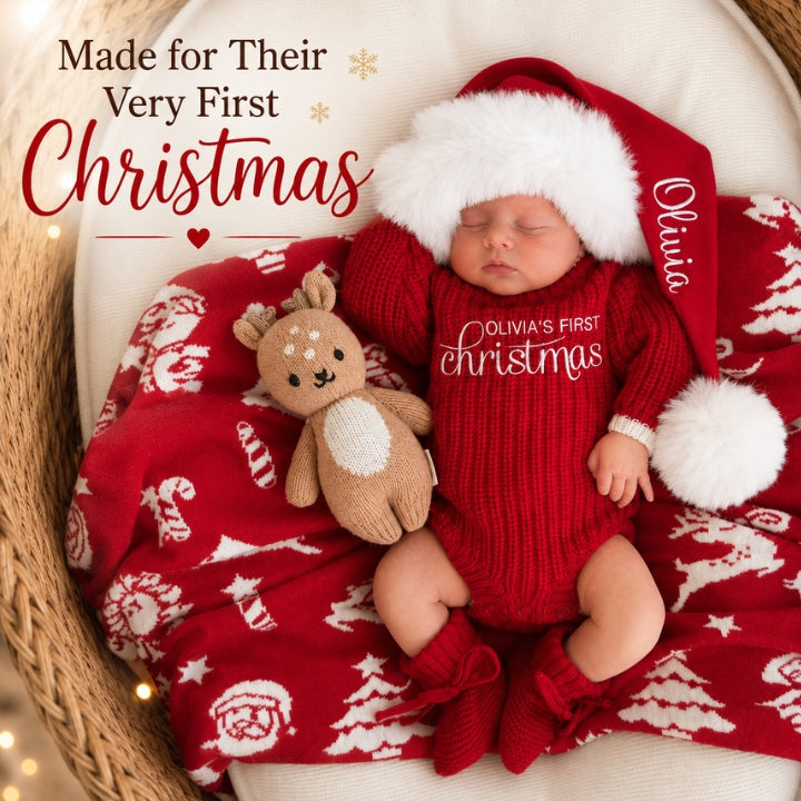 Personalized Baby’s First Christmas Organic Cotton Knit Romper