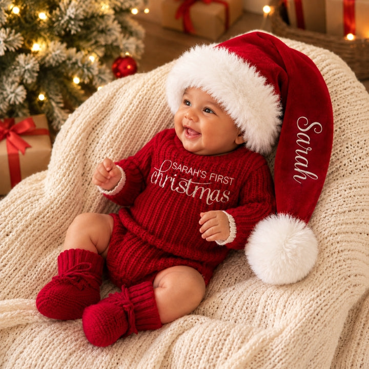 Personalized Baby’s First Christmas Organic Cotton Knit Romper