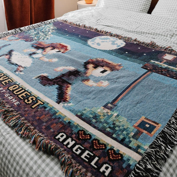 Personalized Retro 8-Bit Gaming Couple Adventure Woven Blanket – Custom Gamer Love Story Throw Blanket with Names