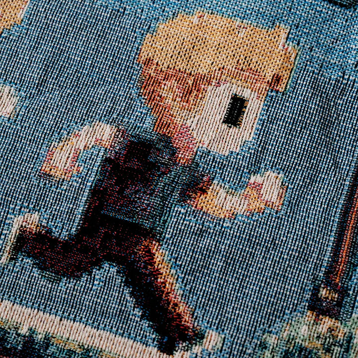 Personalized Retro 8-Bit Gaming Couple Adventure Woven Blanket – Custom Gamer Love Story Throw Blanket with Names