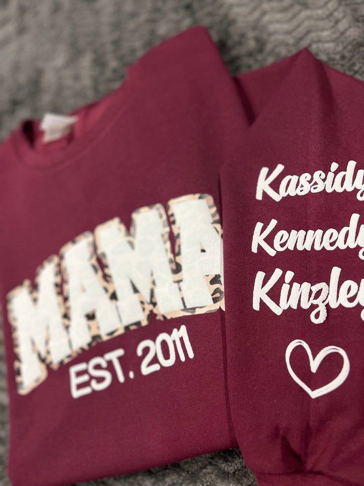 Mama Leopard Puff Print Personalized Sweatshirt or Hoodie with Kids Name Sleeve Gift Sweatshirt New Mom Sweatshirts gift