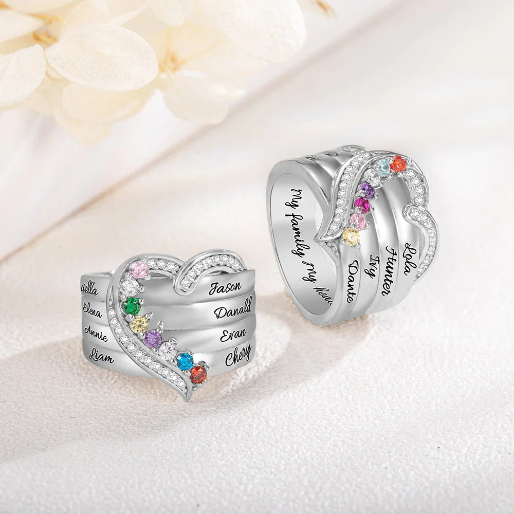 Where Hearts Meet, Love Gleams In Every Stone - Personalized 1-8 Birthstones Heart Family Ring