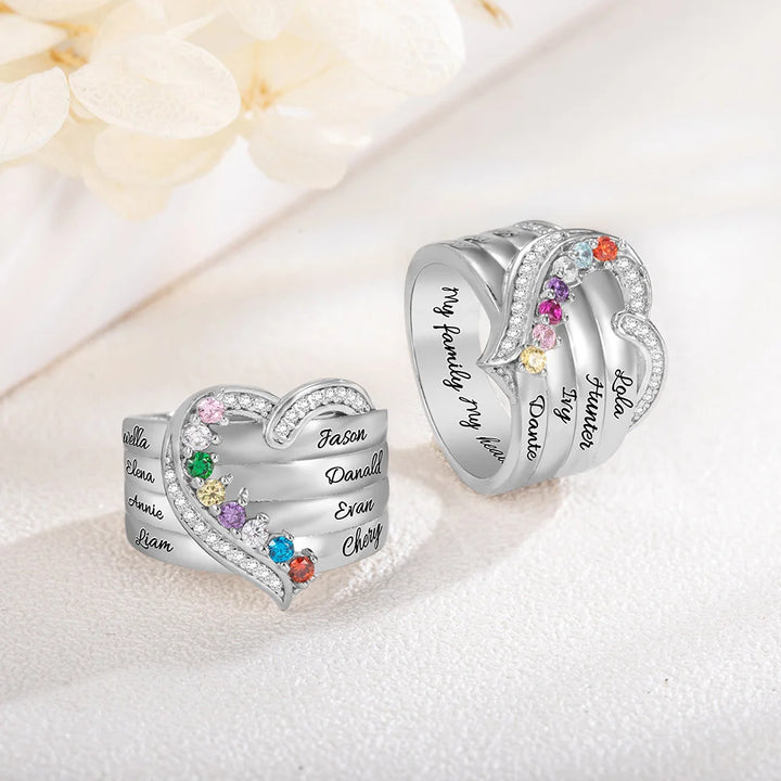 Where Hearts Meet, Love Gleams In Every Stone - Personalized 1-8 Birthstones Heart Family Ring