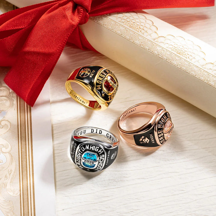 Your Grad Story, Stuck in Stone - Custom Birthstone Class Ring Engraved School Name - Gift for High School/University Graduates