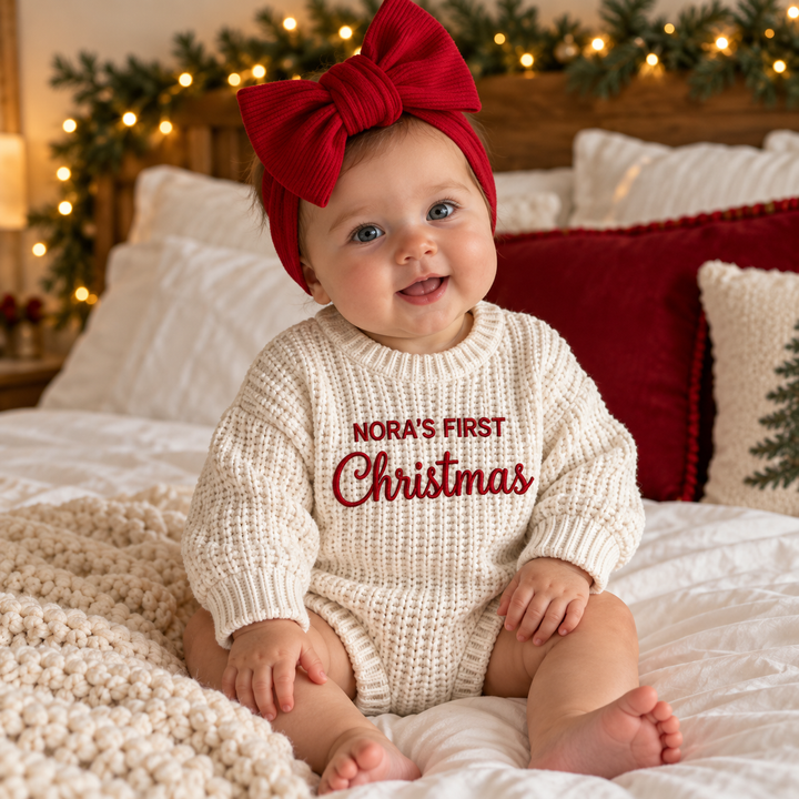 Personalized Baby’s First Christmas Organic Cotton Knit Romper Set