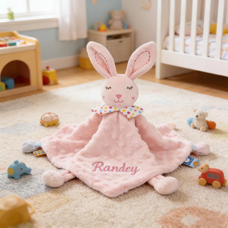 Personalized Baby Lovey Blanket,Custom Embroidered Name, Minky Dot Sensory Security Blanket