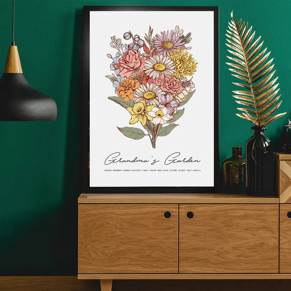 Birth Flower Family Bouquet Custom Names Frame Pro - Canvasgiftco