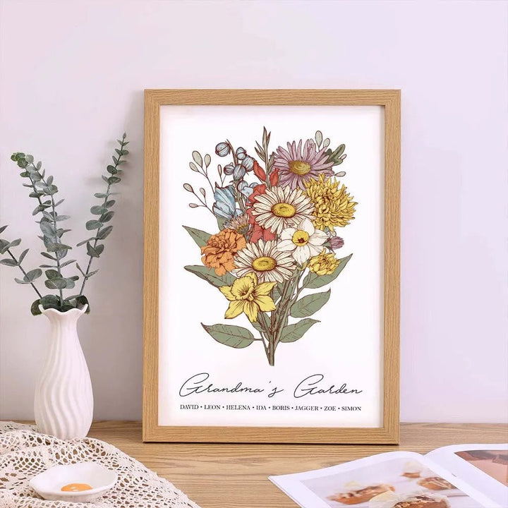 Birth Flower Family Bouquet Custom Names Frame Pro - Canvasgiftco
