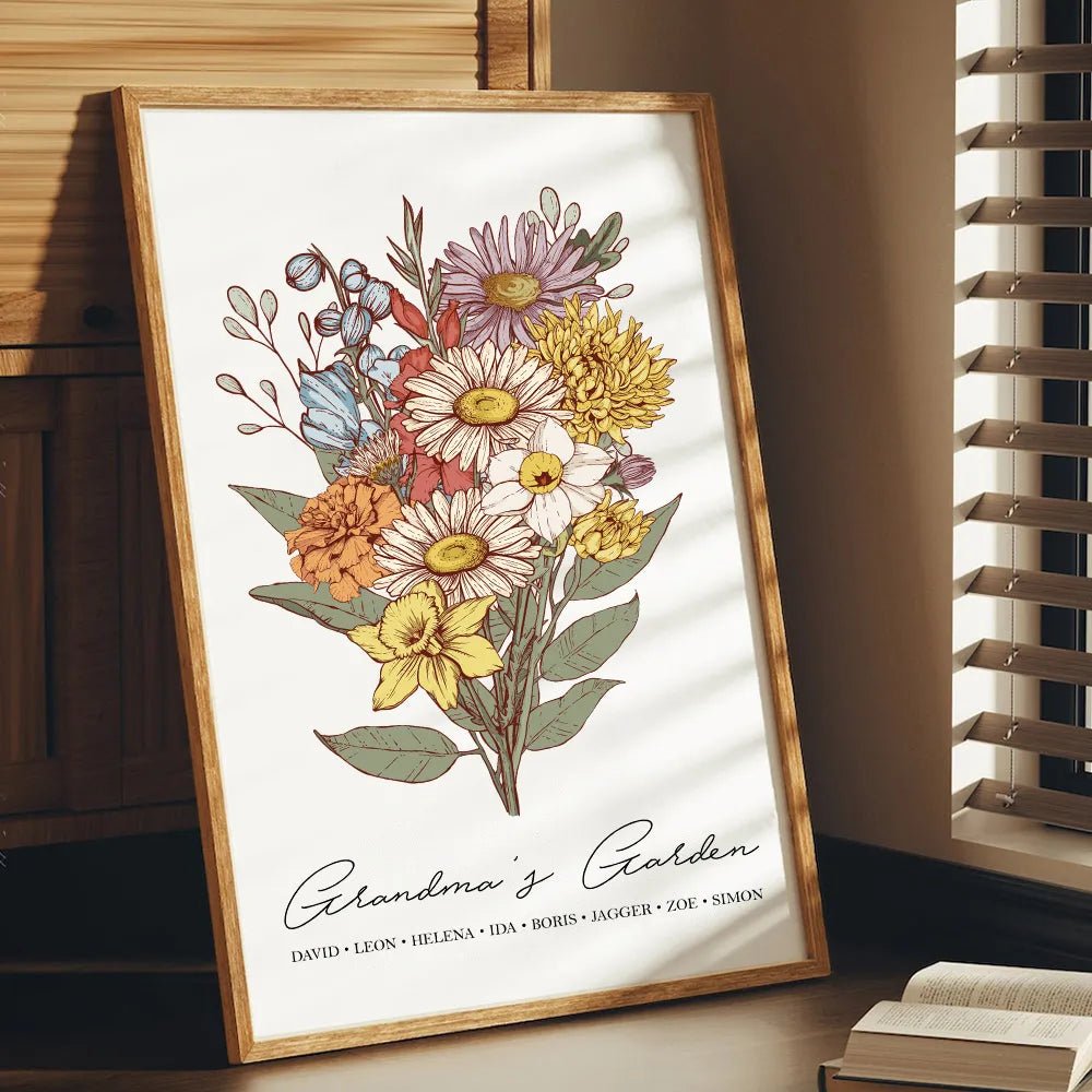 Birth Flower Family Bouquet Custom Names Frame Pro - Canvasgiftco