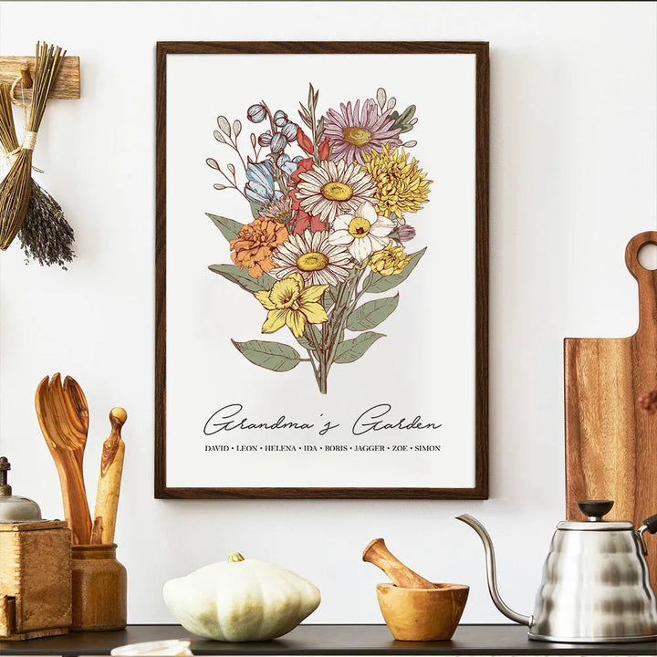 Birth Flower Family Bouquet Custom Names Frame Pro - Canvasgiftco