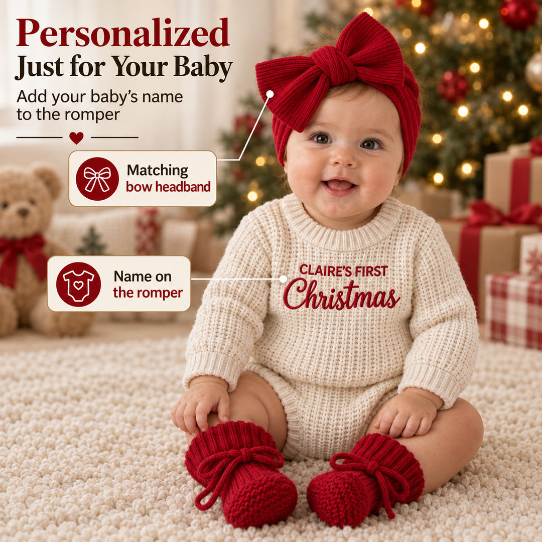Personalized Baby’s First Christmas Organic Cotton Knit Romper Set