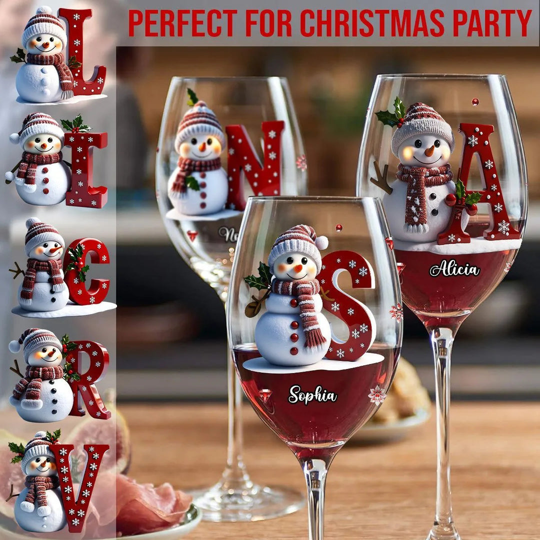 Engraved Snowman Christmas Wine Glass with Name