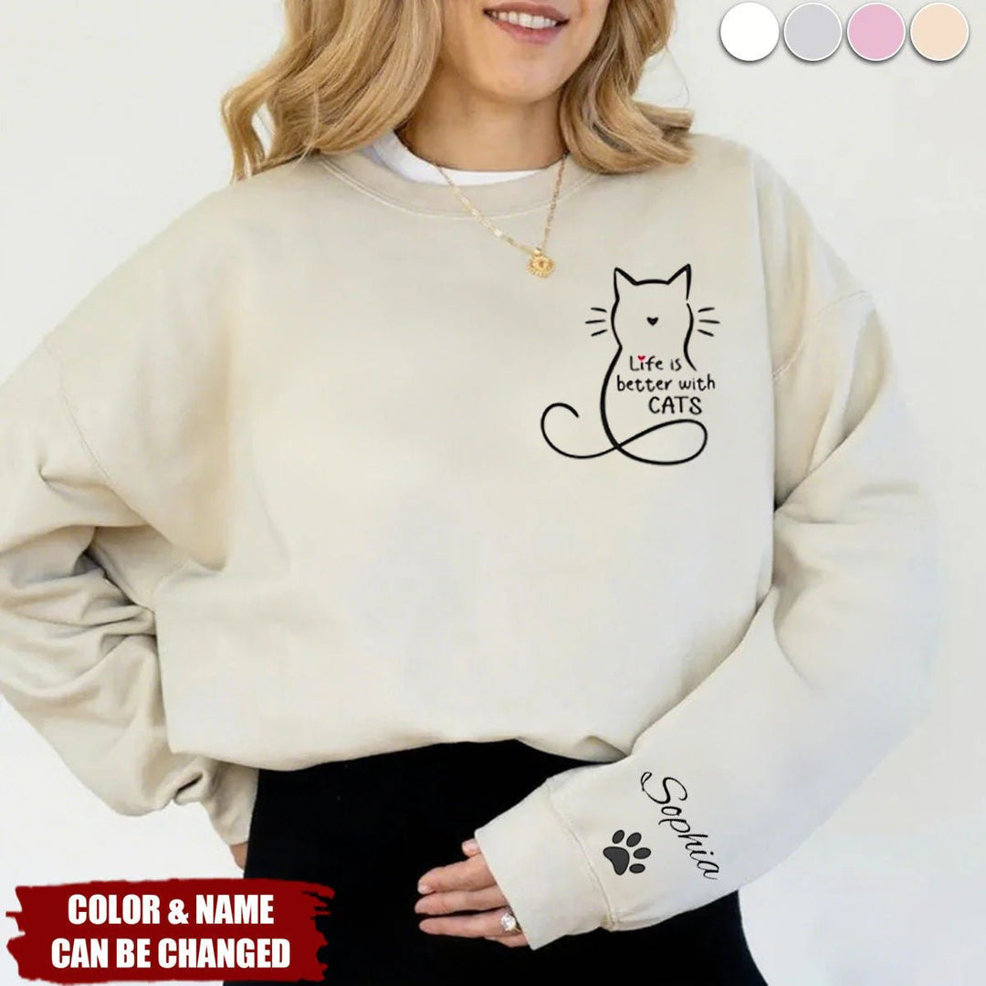 "Cat Hair, Don't Care" Patterned Sleeve Sweatshirt – Personalized Gift for Cat Lovers - Canvasgiftco