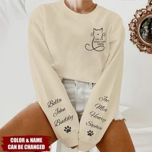 "Cat Hair, Don't Care" Patterned Sleeve Sweatshirt – Personalized Gift for Cat Lovers - Canvasgiftco