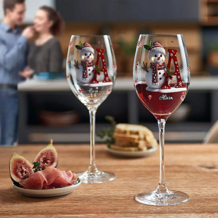 Engraved Snowman Christmas Wine Glass with Name