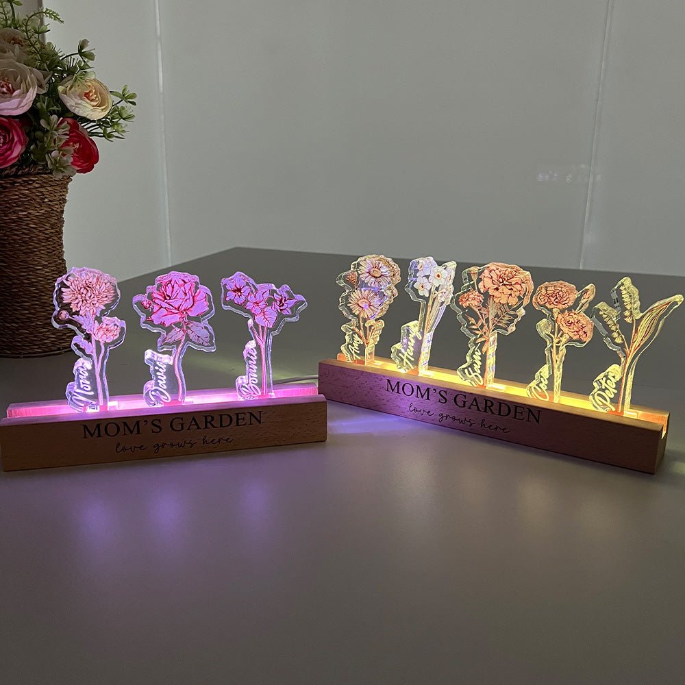 Custom Birth Flower 3D Crystal Acrylic LED Light With Children's Names - Canvasgiftco